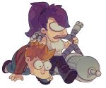  1girl banhaibao2 bender_bending_rodriguez boots breasts chibi cyclops futurama highres jacket lipstick makeup one-eyed orange_hair philip_j_fry purple_hair red_jacket robot simple_background turanga_leela walking white_background 