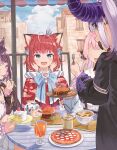  4girls :d ^_^ akami_karubi animal_ears black_jacket blue_eyes bowl brown_hair burger cake cake_slice cape cat_ears cat_girl character_request closed_eyes copyright_request crown cup drinking_glass drinking_straw faceless faceless_female food highres holding holding_plate hololive horns indie_virtual_youtuber jacket juice la+_darknesss light_brown_hair long_hair long_sleeves looking_at_another mini_crown mug multicolored_hair multiple_girls open_mouth orange_juice pink_hair pizza plate purple_hair red_cape red_hair shirt short_hair smile two-tone_hair virtual_youtuber white_shirt yurai0739 
