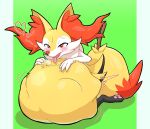 abdominal_bulge ambiguous_gender anthro belly_rub blush braixen breath canid canine duo fox fur generation_6_pokemon green_background hi_res mammal nintendo orange_body orange_fur panting pokemon pokemon_(species) red_eyes shoog_serary simple_background tagme vore