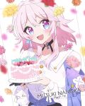  1girl :d birthday birthday_cake black_gloves blue_eyes blush cake character_name clothes_around_waist dated dot_nose falling_flower flower food gloves hair_between_eyes halter_shirt halterneck highres holding holding_plate honkai:_star_rail honkai_(series) inset_border jacket jacket_around_waist kanaria_(mint_tea1256) long_sleeves looking_at_viewer march_7th_(honkai:_star_rail) medium_hair open_mouth orange_flower pink_eyes pink_hair plate purple_jacket red_flower shirt single_glove smile solo two-tone_eyes white_shirt yellow_flower 