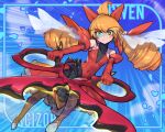  1girl bare_shoulders blonde_hair blue_background breasts character_name dress drill_hair elbow_gloves fusion gloves gwen_(league_of_legends) heterochromia highres holding holding_scissors league_of_legends long_hair phantom_ix_row pokemon red_dress red_gloves scissors scizor smile solo twin_drills twintails 