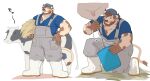  1boy animal_ears backwards_hat bara blue_overalls blue_shirt boots brown_fur brown_hair bucket carrying carrying_under_arm chinstrap_beard cow cow_boy cow_ears cow_horns cow_tail erisu_(7575el) farmer full_body furry furry_male hand_on_own_hip hat hay highres holding holding_bucket horns large_pectorals male_focus mature_male milking_cow multiple_views muscular muscular_male on_one_knee original overalls pectoral_cleavage pectorals shirt short_hair simple_background smile tail two-tone_fur udder white_background 