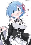  1girl absurdres artist_name blue_eyes blue_hair blush breasts commentary_request detached_sleeves dress frills hair_ornament hair_ribbon highres looking_at_viewer maid maid_headdress medium_breasts open_mouth pink_ribbon re:zero_kara_hajimeru_isekai_seikatsu rem_(re:zero) ribbon ribbon-trimmed_clothes ribbon_trim roswaal_mansion_maid_uniform short_hair signature simple_background skirt_hold solo teeth upper_teeth_only white_background white_gorilla_(okamoto) x_hair_ornament 