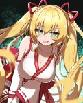  .live 1girl bent_over blonde_hair blush breasts cleavage commentary_request detached_sleeves green_background green_eyes highres kongou_iroha large_breasts long_hair looking_at_viewer open_mouth simple_background solo twintails twintails_day 