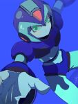  1boy absurdres armor bluberry_boom blue_armor blue_background blue_headwear forehead_jewel green_eyes helmet highres humanoid_robot looking_at_viewer medarot_s mega_man_(series) mega_man_x_(series) robot signature simple_background twitter_username upper_body x_(mega_man) 