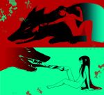  1boy 1girl alucard_(hellsing) androgynous arm_support artist_name completely_nude dual_persona flat_chest girlycard hellsing limited_palette long_hair medium_hair nude sharp_teeth sitting teeth tongue tongue_out toshimichi_yukari very_long_hair wolf 