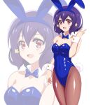  1girl animal_ears black_hair blue_bow blue_bowtie blue_leotard bow bowtie breasts brown_pantyhose cleavage cowboy_shot detached_collar hair_between_eyes heart heart_hair highres leotard long_hair medium_breasts mizuno_ai pantyhose pirochi playboy_bunny rabbit_ears rabbit_tail red_eyes short_hair solo standing strapless strapless_leotard tail v wrist_cuffs zombie_land_saga zoom_layer 