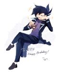  2boys absurdres black_coat black_footwear black_hair black_pants coat happy_birthday highres invisible_chair kd_(jichaman1) lifting_person long_sleeves male_focus manjoume_jun mini_person miniboy multiple_boys open_mouth pants purple_shirt shirt simple_background sitting size_difference sweatdrop translation_request white_background yu-gi-oh! yu-gi-oh!_gx yuuki_juudai 