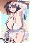  1girl absurdres black_choker black_hair blue_archive blush breasts briefcase brown_headwear choker cleavage commission cross cross_earrings day earrings floral_print flower hair_over_one_eye hat hat_flower highres hinata_(blue_archive) hinata_(swimsuit)_(blue_archive) holding huge_breasts jewelry long_hair long_sleeves looking_at_viewer namaata one-piece_swimsuit open_mouth outdoors red_eyes signature single_earring skeb_commission solo sun_hat sweat swimsuit white_flower white_one-piece_swimsuit 