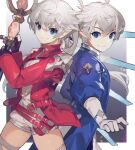  1boy 1girl akizone alisaie_leveilleur alphinaud_leveilleur back-to-back blue_eyes brother_and_sister elezen elf final_fantasy final_fantasy_xiv fingerless_gloves gloves highres jacket pointy_ears red_jacket red_mage sage_(final_fantasy) short_hair short_shorts shorts siblings silver_hair smile thighhighs twins white_gloves 