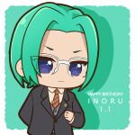  1boy black_jacket blazer blue_eyes border character_name chibi chii_(chi_pppuri) closed_mouth collared_shirt commentary_request diagonal-striped_clothes diagonal-striped_necktie drop_shadow glasses green_background green_hair happy_birthday jacket long_sleeves looking_at_viewer male_focus necktie omega_inoru outside_border parted_bangs pretty_series shirt short_hair solo standing striped_clothes upper_body waccha_primagi! white-framed_eyewear white_border white_shirt 
