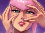  1girl blue_eyes looking_at_viewer manon_legrand pink_hair portrait purple_background rampage_(leedash2) solo steam street_fighter street_fighter_6 