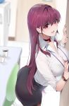  1girl against_wall ass blush bra_through_clothes breasts cleavage collar collarbone damda eyebrows_visible_through_hair fate/grand_order fate_(series) furrowed_eyebrows hair_intakes large_breasts long_hair nail_polish name_tag office_lady pantyhose pencil_skirt purple_hair red_eyes scathach_(fate) scathach_(fate)_(all) see-through shirt skirt solo watch white_shirt 