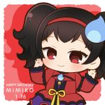  1girl black_hair blue_fire border character_name chibi chii_(chi_pppuri) closed_mouth cowboy_shot dress drop_shadow fire hairband hands_up happy_birthday idol_time_pripara jigoku_mimiko long_hair long_sleeves looking_at_viewer pretty_series pripara red_dress red_eyes red_hairband ribbon smile solo white_border yellow_ribbon zoom_layer 