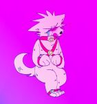 ambiguous_gender anthro bdsm bdsm_gear blood blush blushing_profusely bodily_fluids bondage bound canid canine collar crying hair harness hi_res jakesayshi mammal nipples nosebleed nude restraints simple_background smile solo submissive tail tears tears_of_pleasure