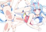  1girl absurdres ass bare_legs bare_shoulders barefoot bikini blue_archive blue_bikini blue_hair blush breasts cameltoe chise_(blue_archive) chise_(swimsuit)_(blue_archive) covered_nipples feet highres horns long_hair looking_at_viewer loose_bikini lying lying_on_ball micro_bikini multicolored_horns multiple_views navel niko_(tama) on_stomach open_mouth red_eyes red_horns simple_background skin-covered_horns solo stomach string_bikini striped_bikini striped_clothes swimsuit thighs toes two-tone_bikini very_long_hair white_background 