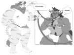 abs anthro bedroom_eyes behemoth_(final_fantasy) bodily_fluids body_hair bulge chest_hair clothed clothing cuff_(restraint) curved_horn demon dialogue dominant dominant_anthro dominant_male duo english_text erection erection_under_clothing facial_hair facial_piercing felid final_fantasy fur genital_fluids genital_outline goatee greyscale hair half-closed_eyes happy_trail harness hat hat_over_eyes headgear headwear hi_res horn leaking_penis leather leather_cuffs lion male mammal mane mane_hair markings monochrome muscle_tone muscular muscular_anthro muscular_male narrowed_eyes nose_piercing nose_ring pantherine pecs piercing precum pubes restraints ring_piercing roly seductive simple_background smile smirk smug smug_face speech_bubble square_enix striped_body striped_fur striped_markings stripes submissive submissive_anthro submissive_male tail tail_tuft text thong tuft underwear