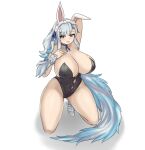  1girl animal_ears arm_behind_head arm_up ass_visible_through_thighs bangs bare_shoulders black_legwear blue_hair blue_neckwear blue_ribbon borrowed_character breasts bunny_ears collarbone commentary commission english_commentary eyebrows_visible_through_hair gradient_hair grey_hair hand_on_own_chest high_heels highres huge_breasts kikimora_(monster_girl_encyclopedia) long_hair looking_at_viewer maid_headdress mole mole_on_breast monster_girl monster_girl_encyclopedia multicolored_hair nav navel neck_ribbon original pantyhose pink_eyes ribbon simple_background solo tail white_background 