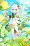  1girl :o artist_name bloomers blue_sky blurry blurry_background blurry_foreground blush bracelet cape cloud commentary cross-shaped_pupils day depth_of_field detached_sleeves dress eyelashes floating_hair flower genshin_impact gold_trim grass green_cape green_dress green_eyes green_hair green_sleeves hair_between_eyes hair_intakes hair_ornament hand_up highres jewelry leaf_hair_ornament light_particles long_hair looking_at_viewer multicolored_hair nahida_(genshin_impact) open_mouth orange_flower outdoors oversized_flower parted_lips plant pointy_ears ponytail short_sleeves side_ponytail sidelocks signature sky sleeveless sleeveless_dress solo sparkle streaked_hair symbol-only_commentary symbol-shaped_pupils toes tree twitter_username water white_bloomers white_dress white_flower white_hair yellow_flower yutukicom 
