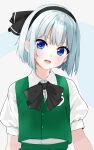  1girl absurdres black_bow black_bowtie black_hairband black_ribbon blouse blue_eyes blunt_ends blush bob_cut bow bowtie breasts commentary green_skirt green_vest hair_bow hair_ribbon hairband head_tilt highres konpaku_youmu konpaku_youmu_(ghost) open_mouth puffy_short_sleeves puffy_sleeves regi857 ribbon shirt short_hair short_sleeves skirt small_breasts solo touhou upper_body vest white_background white_hair white_shirt 