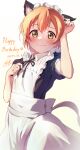  1girl :3 absurdres alternate_costume animal_ears apron black_ribbon black_shirt blush cat_ears closed_mouth commentary_request cowboy_shot dated double-parted_bangs enmaided flat_chest frilled_apron frills gradient_background hair_between_eyes hand_up happy_birthday highres hoshizora_rin looking_at_viewer love_live! love_live!_school_idol_project maid maid_apron maid_headdress neck_ribbon orange_hair puffy_short_sleeves puffy_sleeves ribbon shirt short_hair short_sleeves smile solo white_apron yatoroku yellow_background yellow_eyes 