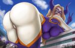  1girl artclonov_(60170343) ass blonde_hair bodysuit boku_no_hero_academia breast_rest breasts building city domino_mask eye_mask giant giantess highres horns large_breasts long_hair mask mount_lady purple_eyes purple_horns purple_mask red_eyes size_difference skin_tight solo_focus superhero_costume thighhighs 