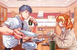  1boy 1girl ahoge alternate_costume belt black_belt booth_seating brown_sweater cellphone chopsticks closed_mouth collared_shirt cup eating elbow_on_table elbow_rest elbows_on_table fate/grand_order fate_(series) foreshortening from_side fujimaru_ritsuka_(female) gacha gashapon grey_hair grey_necktie grey_pants hair_between_eyes hair_ornament hair_scrunchie highres holding holding_cup holding_plate indoors light_blush long_sleeves looking_at_another looking_to_the_side medium_hair necktie orange_eyes orange_hair orange_scrunchie pants phone plate restaurant saitou_hajime_(fate) scrunchie shirt short_hair side_ponytail sitting sleeves_past_wrists sleeves_rolled_up smartphone sweatdrop sweater uni_(nico02) watch white_shirt wristwatch yellow_eyes 