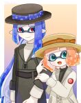  1boy 1girl aqua_eyes artist_name black_coat black_headwear blue_bow blue_hair border bow brown_headwear closed_mouth coat commentary gradient_background hat hat_bow highres inkling inkling_boy inkling_girl inkling_player_character jacket long_hair looking_at_viewer multicolored_background open_mouth orange_bow orange_hair outside_border pointy_ears red_eyes short_hair smile splatoon_(series) symbol-only_commentary tentacle_hair tonbofree twitter_username white_border white_jacket 