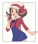  1girl :d blue_overalls bow brown_eyes brown_hair cabbie_hat cowboy_shot hat hat_bow holding holding_poke_ball long_sleeves looking_at_viewer lyra_(pokemon) nm222 open_mouth overalls poke_ball poke_ball_(basic) pokemon pokemon_hgss red_bow red_shirt shirt smile solo twintails white_headwear 