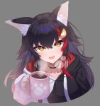  1girl animal_ear_fluff animal_ears black_choker black_hair black_hoodie choker coffee coffee_mug collarbone commentary_request cup drawstring flipped_hair grey_background hair_between_eyes hair_ornament hairclip highres holding holding_cup hololive hood hoodie long_hair long_sleeves looking_at_viewer mug multicolored_hair nijihasisiduki official_alternate_costume ookami_mio ookami_mio_(3rd_costume) open_mouth red_hair sidelocks simple_background solo spiked_hair steam streaked_hair two-tone_hoodie upper_body virtual_youtuber white_hoodie wolf_ears wolf_girl yellow_eyes 