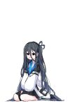  1girl absurdly_long_hair aris_(blue_archive) arms_between_legs black_eyes black_hair black_hairband black_jacket black_skirt blue_archive blue_necktie collared_shirt dr_yamero hair_between_eyes hairband highres jacket long_bangs long_hair multicolored_clothes multicolored_jacket necktie no_halo one_side_up open_clothes open_jacket pleated_skirt shirt sitting skirt solo very_long_hair white_jacket white_shirt 