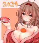  1girl ahoge alcohol alternate_costume bare_shoulders blush breasts brown_eyes brown_hair cleavage collarbone commentary_request cup dated floral_print food fruit gradient_hair hair_flaps hairband hand_up highres japanese_clothes kantai_collection kimono large_breasts long_hair looking_at_viewer mandarin_orange multicolored_hair red_hairband sakazuki sake shiratsuyu_(kancolle) shiratsuyu_kai_ni_(kancolle) smile solo yuki_(yukineko-nyaa) 