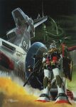  1970s_(style) 1980s_(style) beam_rifle concept_art earth_federation energy_gun gundam highres looking_at_viewer machinery mecha military mobile_suit mobile_suit_gundam no_humans official_art ookawara_kunio painting_(medium) production_art promotional_art prototype_gundam radar_dish radio_antenna radome retro_artstyle robot roundel rx-78-2 scan science_fiction shield signature spacecraft traditional_media weapon white_base window zaku_ii_s_char_custom zeon 