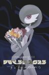  1other :o bouquet colored_skin comiket_103 commentary_request flipped_hair flower gardevoir highres holding holding_bouquet long_hair looking_at_viewer natsumekan open_mouth orange_flower pink_flower pokemon pokemon_(creature) red_eyes solo white_skin 