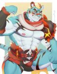 abs anthro armor blonde_hair blue_body blue_fur bulge feiya6022 felid fur grin hair hi_res lifewonders live_a_hero male mammal muscular muscular_anthro nipples pantherine pecs rexer smile solo striped_body striped_fur stripes superhero tiger unconvincing_armor