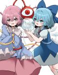  2girls :d arm_at_side ball black_dress blue_bow blue_eyes blue_hair blue_shirt blush bow cirno cold collared_shirt commentary_request cowboy_shot dress frilled_shirt_collar frilled_sleeves frills hair_between_eyes hair_bow hands_up heart highres holding holding_ball ice ice_wings iceball komeiji_satori long_sleeves looking_at_another looking_at_viewer medium_hair mikan_(manmarumikan) multiple_girls neck_ribbon open_mouth pink_eyes pink_hair pink_skirt prank puffy_short_sleeves puffy_sleeves red_ribbon ribbon shirt short_hair short_sleeves simple_background skirt sleeveless sleeveless_dress sleeves_past_fingers sleeves_past_wrists smile sound_effects sweat third_eye touhou white_background white_shirt wide-eyed wings 