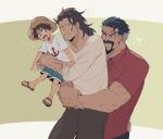  3boys anchor_symbol beard beard_stubble black_hair child commentary_request cowboy_shot facial_hair hat highres hug long_hair long_sleeves male_focus monkey_d._dragon monkey_d._garp monkey_d._luffy multiple_boys one_piece ovasayuri sandals scar scar_on_face shorts straw_hat stubble 