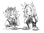  2girls :t ^_^ animal_ears blush bow bowtie breasts closed_eyes closed_mouth crown cup ear_piercing eating flat_chest food fork greyscale hands_on_own_cheeks hands_on_own_face heart highres holding holding_cup holding_fork horse_ears mame_nabe_donko mini_crown monochrome multiple_girls narita_top_road_(umamusume) pie piercing sailor_collar saucer shirt short_hair short_sleeves small_breasts sparkle t.m._opera_o_(umamusume) table teacup traditional_media umamusume upper_body 