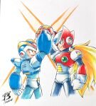  2boys arm_cannon arm_up armor blonde_hair blue_eyes blue_headwear character_name commentary_request first_armor_x_(mega_man) forehead_jewel green_eyes helmet highres long_hair mega_man_(series) mega_man_x1 mega_man_x_(series) multiple_boys pn13ban ponytail red_armor red_headwear shoulder_armor simple_background weapon white_armor white_background x_(mega_man) zero_(mega_man) 