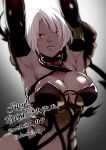  1girl armpits arms_up backlighting breasts choker cleavage commentary_request criss-cross_halter elbow_gloves gloves halterneck highres isabella_valentine koda1ra large_breasts lips looking_at_viewer navel purple_eyes revealing_clothes short_hair single_pauldron solo soulcalibur translation_request white_hair 