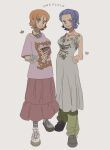  2girls blue_hair commentary copyright_name dress full_body green_pants hand_on_own_hip headphones heart highres long_dress maro_(aihan6133) multiple_girls nami_(one_piece) nojiko one_piece orange_hair pants shirt short_hair smile t-shirt 