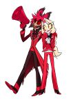  1boy 1girl absurdres alastor_(hazbin_hotel) cane charlie_morningstar colored_sclera commentary formal hand_on_another&#039;s_shoulder hazbin_hotel highres holding holding_cane ichiko_(kimini) long_hair pale_skin red_eyes red_hair sharp_teeth short_hair simple_background smile speaker suit symbol-only_commentary teeth white_background yellow_sclera 