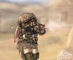  anthro armor building bullet_casing camel_toe camo clothing desert eyewear female gloves gun handwear headgear helmet hi_res lagomorph legwear leporid mammal military military_uniform panties pink_clothing pink_panties pink_underwear psakorn_tnoi rabbit ranged_weapon rifle sandstorm shooting soldier solo sunglasses tactical_gear thigh_highs underwear uniform upskirt warrior weapon 