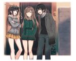  3girls arms_behind_back bare_legs black_hair black_shirt blurry blurry_background border breasts brown_hair closed_mouth coat constricted_pupils crossed_arms denim door dragon dragon_hat ear_piercing eastern_dragon eye_contact feet_out_of_frame fur-trimmed_jacket fur_trim furukawa_wanosuke green_coat grey_coat grey_eyes grey_jacket hands_in_pockets highres jacket jeans light_blush light_brown_hair long_hair looking_at_another medium_breasts medium_hair multiple_girls neck_warmer open_mouth orange_skirt original pants piercing pleated_skirt shirt short_ponytail sidelocks skirt small_sweatdrop straight_hair teeth two_side_up upper_teeth_only white_border 