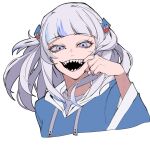  1girl bad_id bad_twitter_id blue_hair blue_hoodie blunt_bangs floating_hair gawr_gura gawr_gura_(1st_costume) grey_hair hololive hololive_english hood hoodie kyou_(ningiou) looking_at_viewer mouth_pull multicolored_hair open_mouth sharp_teeth simple_background solo streaked_hair teeth tsurime two_side_up upper_body virtual_youtuber white_background 