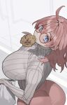  1girl ahoge ass blue_eyes blush breasts commentary food glasses highres huge_breasts long_sleeves looking_at_viewer looking_to_the_side mimyo mouth_hold original pants pink-framed_eyewear pink_hair pink_pants ribbed_sweater round_eyewear solo sweater sweater_tucked_in taiyaki wagashi white_sweater 