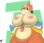 absurd_res anthro big_breasts biped black_eyes black_nose breasts digital_media_(artwork) eyelashes female floatzel fur generation_4_pokemon hi_res looking_down low-angle_view mammal multicolored_body multicolored_fur nintendo nipples nude obsuniq orange_body pokemon pokemon_(species) seductive simple_background slightly_chubby smile solo tan_body tan_fur text thick_thighs two_tone_body two_tone_fur