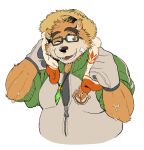  1boy bara bear_boy belly blush brown_fur cowboy_shot cropped_torso dated fangs fangs_out furry furry_male glasses gloves green-framed_eyewear hat highres jacket jewelry male_focus one_eye_closed open_mouth pendant sanpaku smile solo straw_hat sweat tareme thick_eyebrows tokyo_afterschool_summoners track_jacket unfinished volos_(housamo) yazoe 