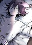  2boys amami_rantaro buttons closed_eyes collarbone danganronpa_(series) danganronpa_v3:_killing_harmony hair_between_eyes hand_on_another&#039;s_head highres long_sleeves lovi_(momoko37) lying multiple_boys oma_kokichi on_back on_bed out_of_frame parted_lips pillow puffy_long_sleeves puffy_sleeves purple_hair short_hair sidelighting sleeping solo_focus straitjacket upper_body 