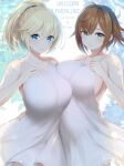  2girls ahoge alternate_breast_size bare_arms bare_shoulders blonde_hair blue_eyes breasts brown_hair celeste_(unicorn_overlord) character_name cleavage closed_mouth collarbone copyright_name dress fran_(unicorn_overlord) green_eyes hand_on_another&#039;s_waist hand_on_own_chest highres kashiwamochi_yomogi large_breasts multiple_girls ponytail short_hair smile twitter_username unicorn_overlord white_dress 